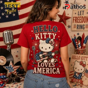 Hello Kitty x America 250 Years of Freedom 1776-2026 Patriotic T-Shirt 5 Red t-shirt featuring Hello Kitty playing a guitar with star-spangled patriotic graphics and Hello Kitty Loves America text.!