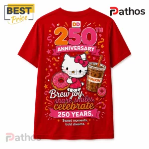 Hello Kitty x Dunkin Donuts 250th Anniversary Special Edition T-Shirt 3 Red t-shirt featuring Hello Kitty holding a donut next to a Dunkin iced coffee with 250th anniversary graphic design.!