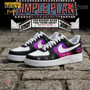Simple Plan The Bigger Than You Think Tour Air Force 1 Sneakers 2 Custom Nike Air Force 1 sneakers with Simple Plan logo, purple gradients, white swooshes, and signatures on black leather.!