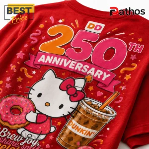 Hello Kitty x Dunkin Donuts 250th Anniversary Special Edition T-Shirt 5 Red graphic t-shirt featuring Hello Kitty holding a pink frosted donut and a Dunkin iced coffee for a 250th anniversary.!