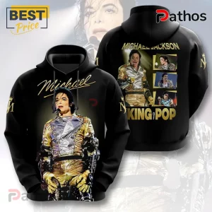 Michael Jackson King of Pop Gold Stage Outfit Graphic Hoodie 1 Black hooded sweatshirt with Michael Jackson photo prints, gold text reading Michael and King of Pop, and crown logo icons.!