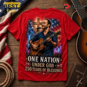 Red graphic t-shirt featuring a man playing acoustic guitar before a cross and American flag with text One Nation Under God.!