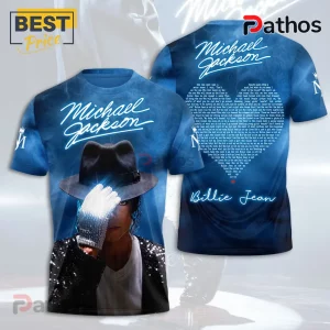 Michael Jackson Billie Jean Signature Hoodie 2026 1 Michael Jackson tribute t-shirt in blue featuring his name, a sequin glove, fedora, and Billie Jean lyrics on the back.!