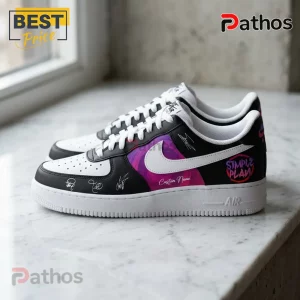 Simple Plan The Bigger Than You Think Tour Air Force 1 Sneakers 4 Custom Nike Air Force 1 sneakers with black and white leather, purple nebula side panels, and Simple Plan band graphics.!