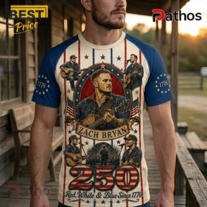 Zach Bryan country music t-shirt with patriotic red, white, and blue graphics, 1776 text, and acoustic guitar imagery.!