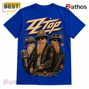ZZ Top Red White and Blue Patriotic 2026 Shirt 2 Royal blue cotton t-shirt featuring ZZ Top band members in hats and sunglasses with fireworks and stars graphic print.!