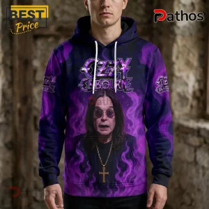 Ozzy Osbourne Signature Tribute 1948-2025 Hoodie 2 Ozzy Osbourne hoodie with purple smoke graphic, front portrait, gold cross necklace, and white drawstrings.!