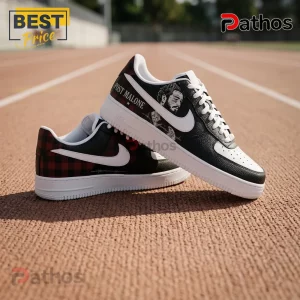 Post Malone Black Plaid Rockstar Edition Air Force 1 Sneakers 3 Custom Post Malone sneaker with black and red plaid pattern, white Nike swoosh, and portrait graphic on a track field.!