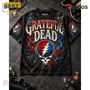 Grateful Dead Somewhere On A Road To Nowhere Cotton T-Shirt 1 Black Grateful Dead t-shirt with Steal Your Face logo, red and blue roses, and lightning graphics on a dark stone background.!