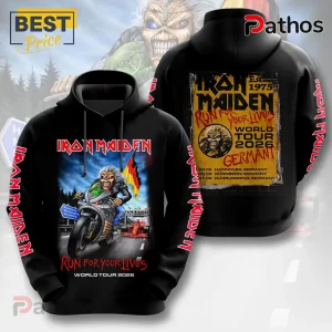 Iron Maiden black hoodie featuring Eddie on a motorcycle, German flag, and Run For Your Lives World Tour 2026 graphics.!