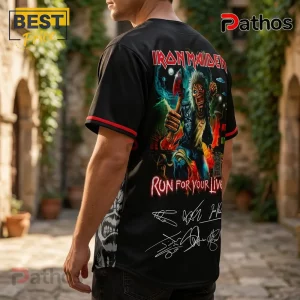 Black short-sleeve button-down shirt featuring Iron Maiden Run For Your Lives graphic with Eddie and band member signatures.!