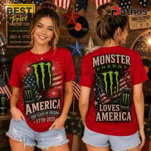 Woman wearing red t-shirt with Monster Energy logo, American flag, and 1776-2026 text graphics on front and back.!