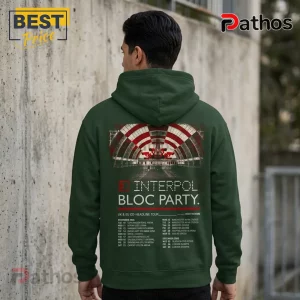Interpol x Bloc Party UK EU Tour 2026 Dark Green Hoodie 3 Dark forest green hoodie featuring an Interpol and Bloc Party concert tour graphic on the back with red and white detail.!