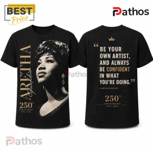 Aretha Franklin 1775-2025 Tribute Queen of Soul Casual T-Shirt 5 Black cotton t-shirt featuring Aretha Franklin portrait, name text, and 250th anniversary quote in gold and white ink.!