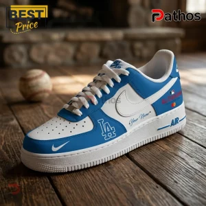 Custom blue and white sneakers featuring Los Angeles Dodgers logo, MLB All-Star branding, and personalized text.!