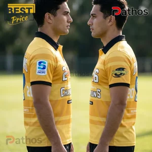 Two men wearing yellow and black Hurricanes Super Rugby polo shirts with championship graphics and team logos.!