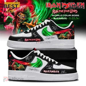 Custom Iron Maiden sneakers featuring Eddie graphics, green and red swooshes, and white soles on a black shoe box.!