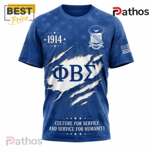 Phi Beta Sigma blue crew neck t-shirt with torn fabric effect, greek letters, 1914, and service motto on white background.!