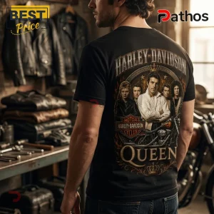 Black cotton t-shirt with Queen band members and Harley-Davidson motorcycle graphic on the back.!