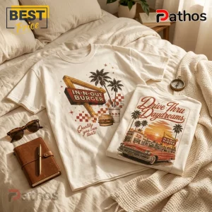 Two cream-colored cotton t-shirts featuring vintage In-N-Out Burger and Drive Thru Daydreams retro graphic prints.!