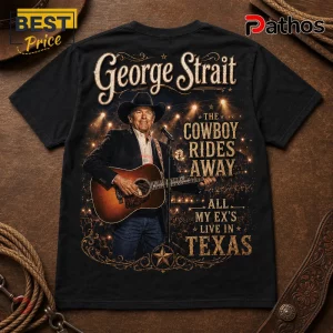 Black t-shirt featuring George Strait playing guitar with concert graphics and text reading The Cowboy Rides Away in Texas.!