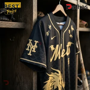 Black and gold New York Mets baseball jersey with dragon graphics, hanging on a wooden hanger in a locker room.!