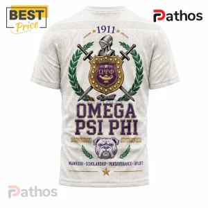 Omega Psi Phi Fraternity 1911 Heritage Crest Mascot T-Shirt 4 Omega Psi Phi fraternity white t-shirt featuring a gold shield, crossed swords, helmet, bulldog, and 1911 typography.!
