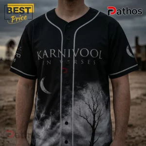 Karnivool In Verses Australian Tour Black Baseball Jersey 1 Karnivool In Verses black baseball jersey with white crescent moon and dark landscape print, featuring button-front style.!