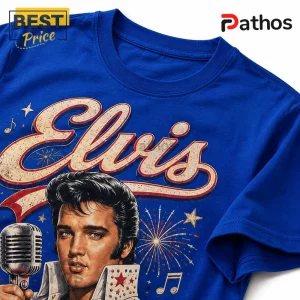 Elvis Presley graphic t-shirt in royal blue with vintage script text, microphone, stars, and firework illustrations.!