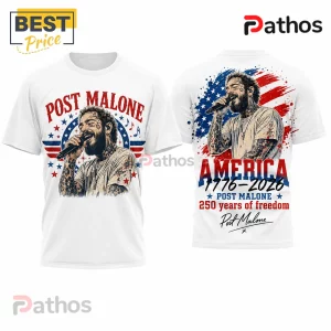 White t-shirt featuring Post Malone graphics with American flag motifs, stars, and text reading 1776-2026 250 years freedom.!