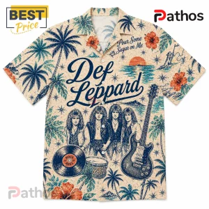 Def Leppard button-down shirt with tropical palm trees, hibiscus flowers, and rock band members in beige fabric.!