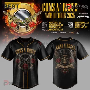 Black baseball jersey featuring Guns N' Roses logo, crossed revolvers, roses, and a skull with top hat on the back.!