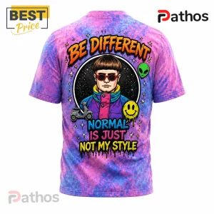 Oliver Tree In Memory Of 1993-2026 Pink Tie Dye T-Shirt 5 Oliver Tree graphic tee in purple and blue tie-dye with Be Different text, a moped, an alien, and a smiley face icon.!