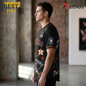 Rod Wave Houston Astros Don't Look Down Tour Jersey 4 Houston Astros baseball jersey with black fabric, orange piping, team logo, and graphic portraits of a player.!