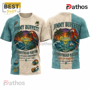 Jimmy Buffett Parrothead Nation t-shirt with parrot, margarita glass, palm trees, and beach graphics on cream and teal fabric.!