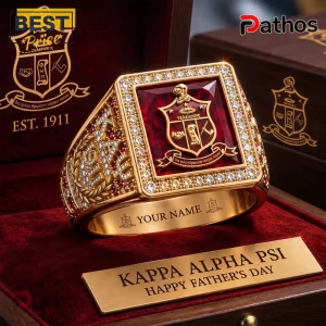 Kappa Alpha Psi Gold Ruby Crest Ring 2 Kappa Alpha Psi fraternity gold ring with square red gemstone, clear accent stones, and engraved inner band in wooden box.!