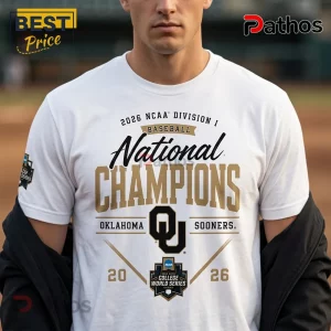 Oklahoma Sooners 2026 NCAA Baseball National Champions White T-Shirt 1 White crewneck t-shirt featuring 2026 NCAA Division I Baseball National Champions Oklahoma Sooners graphic in gold text.!