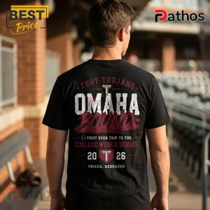 Troy Trojans 2026 College World Series Omaha Baseball Shirt 2 Black t-shirt featuring Troy Trojans Omaha Bound 2026 graphics with maroon and white collegiate typography.!