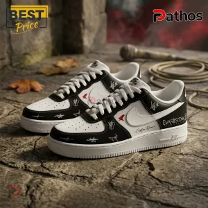 Evanescence custom Nike Air Force 1 sneakers with black and white leather, band signatures, and red bird graphics.!