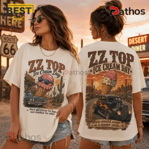 Cream colored cotton t-shirt with ZZ Top Ice Cream Day vintage graphic featuring a hot rod, cactus, and melting cone.!