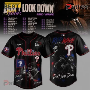 Rod Wave Don't Look Down tour baseball jersey, black with Phillies branding, artist graphics, and text on front and back.!