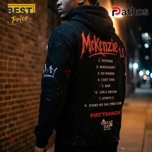 Black hoodie with paint splatter, Mckenzie 2.0 text, tracklist, crown graphic, and FATTMACK branding on the back.!