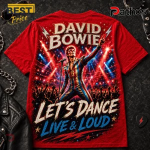 Red cotton t-shirt featuring David Bowie performing on stage with text reading David Bowie, Let's Dance, Live & Loud.!