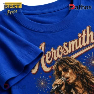Aerosmith Red White And Blue Vintage Royal Blue Shirt 5 Blue cotton crewneck t-shirt featuring a screen print of Steven Tyler singing with fireworks graphics and Aerosmith text.!