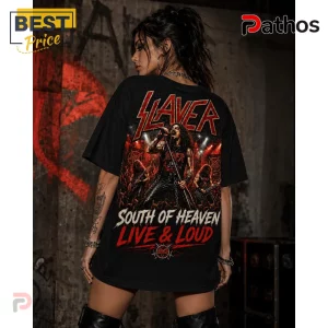 Black cotton t-shirt with Slayer concert graphic print, featuring band logo, stage performance, and South of Heaven text.!