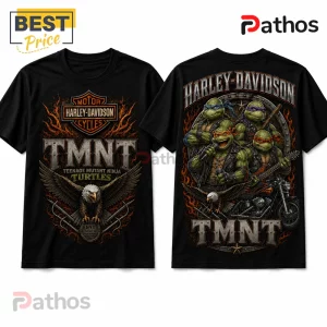 Black Harley-Davidson TMNT graphic t-shirt featuring front eagle logo and back Teenage Mutant Ninja Turtles band design.!
