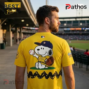 Snoopy x Houston Astros MLB Peanuts Night Collectible T-Shirt 2 Yellow Houston Astros jersey featuring Snoopy wearing an Astros cap and uniform holding a baseball on the back.!