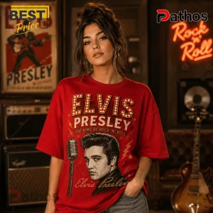 Woman wearing red oversized Elvis Presley t-shirt with marquee lettering, microphone graphic, and vintage musical motif.!