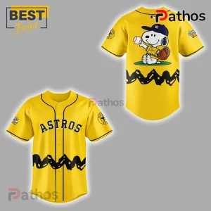 Houston Astros x Peanuts Snoopy Limited Edition Baseball Jersey 4 Yellow Houston Astros baseball jersey featuring Snoopy holding a baseball on the back and black zigzag pattern trim.!