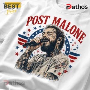 Post Malone graphic t-shirt with red and blue patriotic stars, wings, music notes, and stylized text on white cotton.!